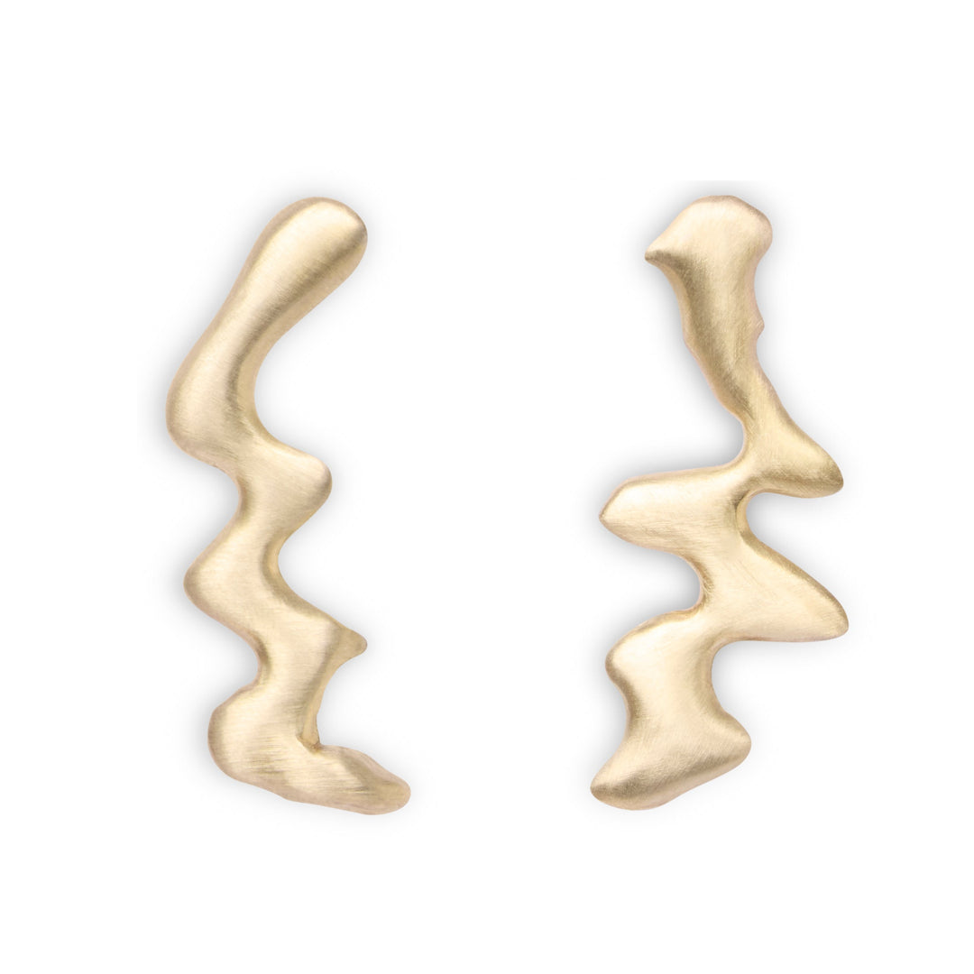 Blaze Studs by Madeleine Sculptural Jewellery: abstract, wavy gold-toned earrings with an organic, irregular shape, crafted from recycled brass and shown on a white background.