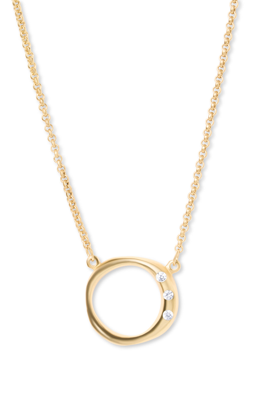 The Gallardo & Blaine Designs Cualli Pendant & chain features a gold-plated sterling silver open circle pendant with three black spinel gemstones along one side.