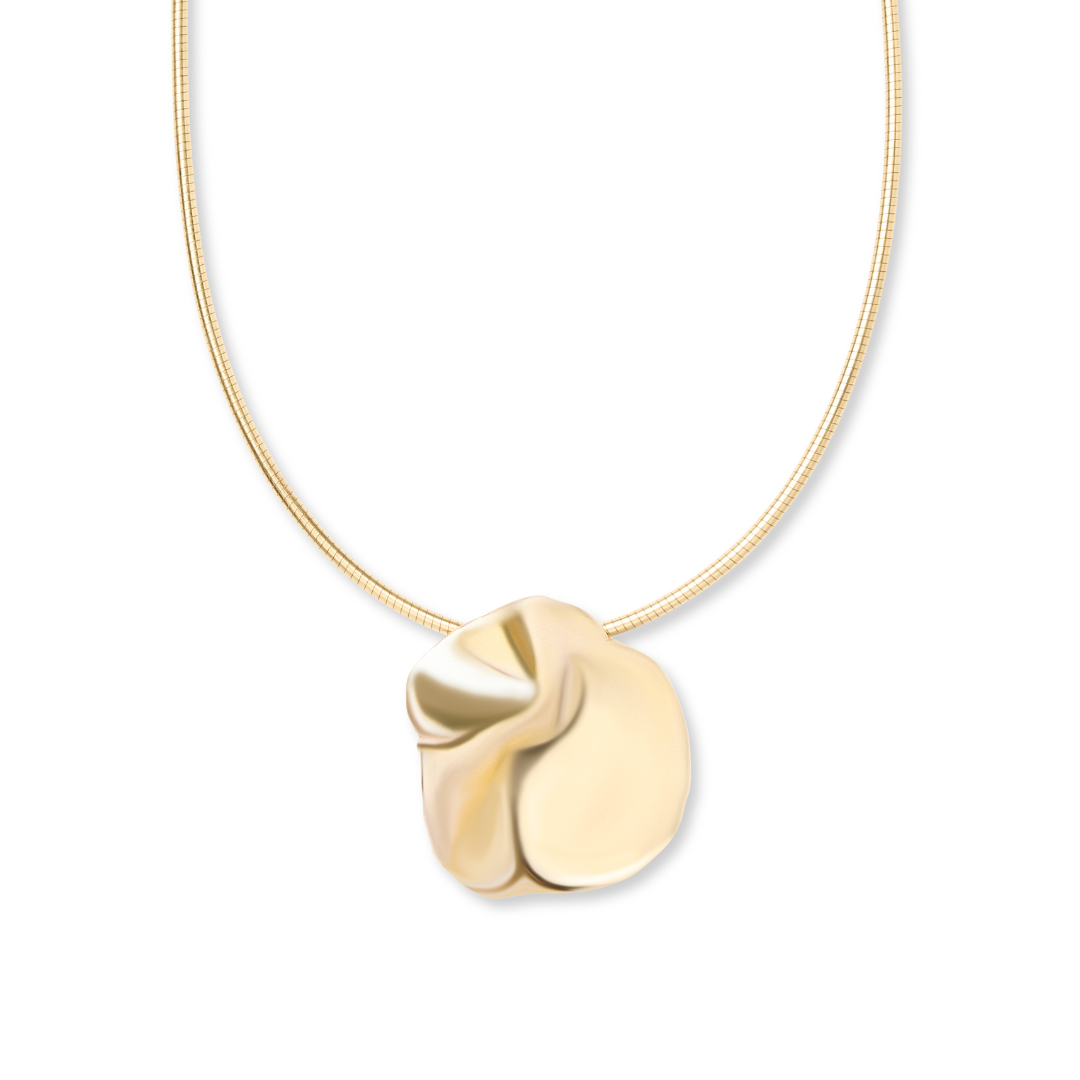 The Tide Pendant by Madeleine Sculptural Jewellery is a gold necklace with a smooth, abstract petal-shaped pendant, featuring organic folds and showcased on a plain white background.