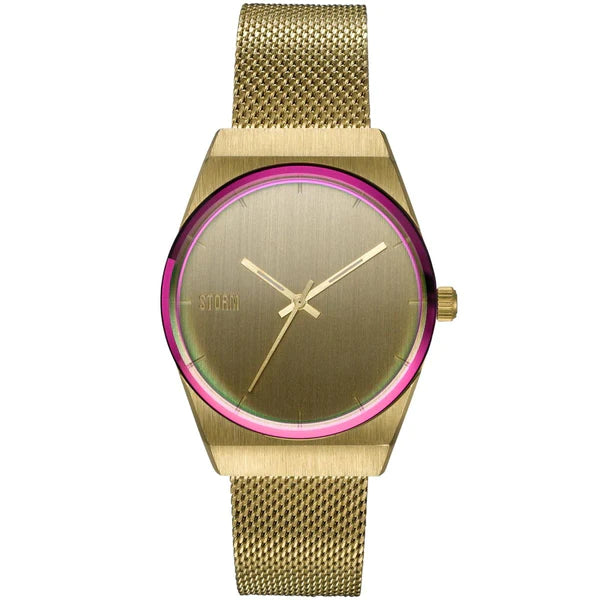 A gold-toned wristwatch with a mesh band and minimalist face, this Storm Mini Cirero Gold by Storm Watches features a brushed gold dial with slender hour, minute, and second hands. A metallic pink and green gradient encircles the edge of the dial. Crafted from stainless steel, it ensures durability while maintaining elegance.