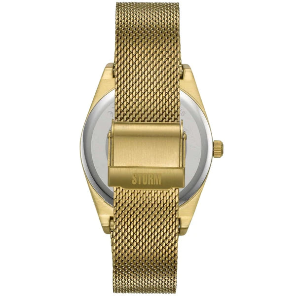 A Storm Mini Cirero Gold wristwatch with a stainless steel mesh strap is shown from the back. The back of the watch case is partially visible, featuring the word "STORM" engraved on the clasp. The design is sleek and modern, embodying the timeless elegance for which Storm Watches are known.