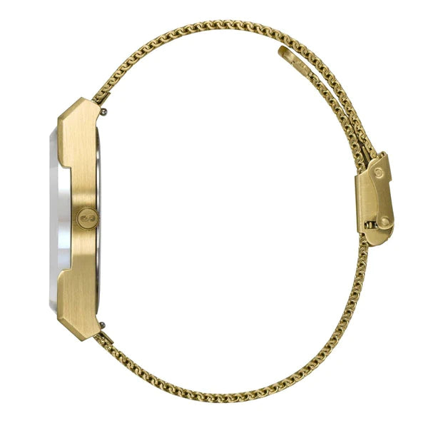 Side view of a Storm Mini Cirero Gold wristwatch by Storm Watches with a sleek, minimalist design. The watch has a thin, circular face encased in gold, and the stainless steel bracelet strap is slender with a secure clasp. The design is modern and elegant, suitable for formal or casual wear.