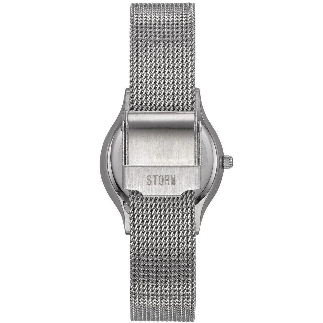 A silver Storm Mini Terelo Lazer Blue watch with a mesh band is shown from the back. The clasp is closed, and the brand name "Storm Watches" is engraved on the back of the clasp. The watch, made from sustainable materials, boasts a sleek, minimalist design.