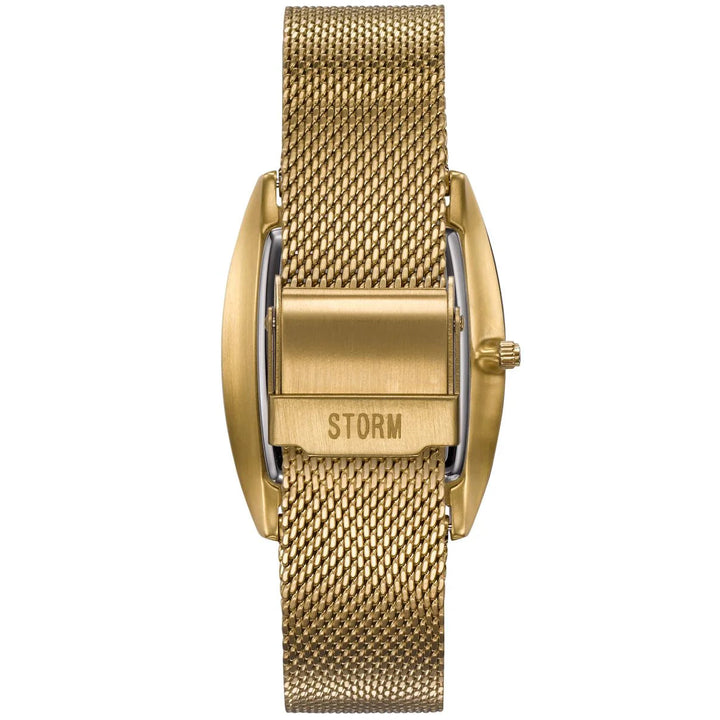 A gold-toned wristwatch with a gold mesh strap and a rectangular clasp, showcasing the brand name "Storm Watches" engraved on the back of its case. The Storm Mini Zaire Gold Black watch boasts a sleek and elegant design, seamlessly blending sophistication with an eco-friendly approach through sustainable materials.