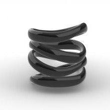 A sleek, modern black ring with a unique spiral design that wraps around multiple times, creating an open, stacked effect. This Elsiem Ripple Ring's curves and glossy finish give it a stylish, contemporary look. The plain white background highlights the ring's design beautifully.