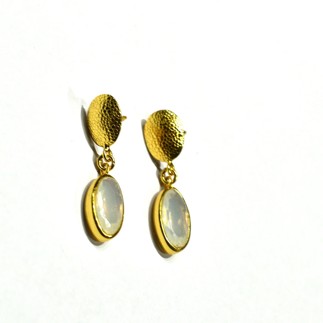 Watermelon tropical's Oval Opal (hydrothermal) Drops feature gold plated sterling silver with textured oval studs and opal gemstone dangles—an elegant handmade jewellery piece, showcased against a plain white background.