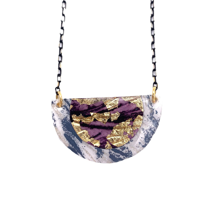 Ovette Batik Textile Necklace in Dove/Gold/Aubergine