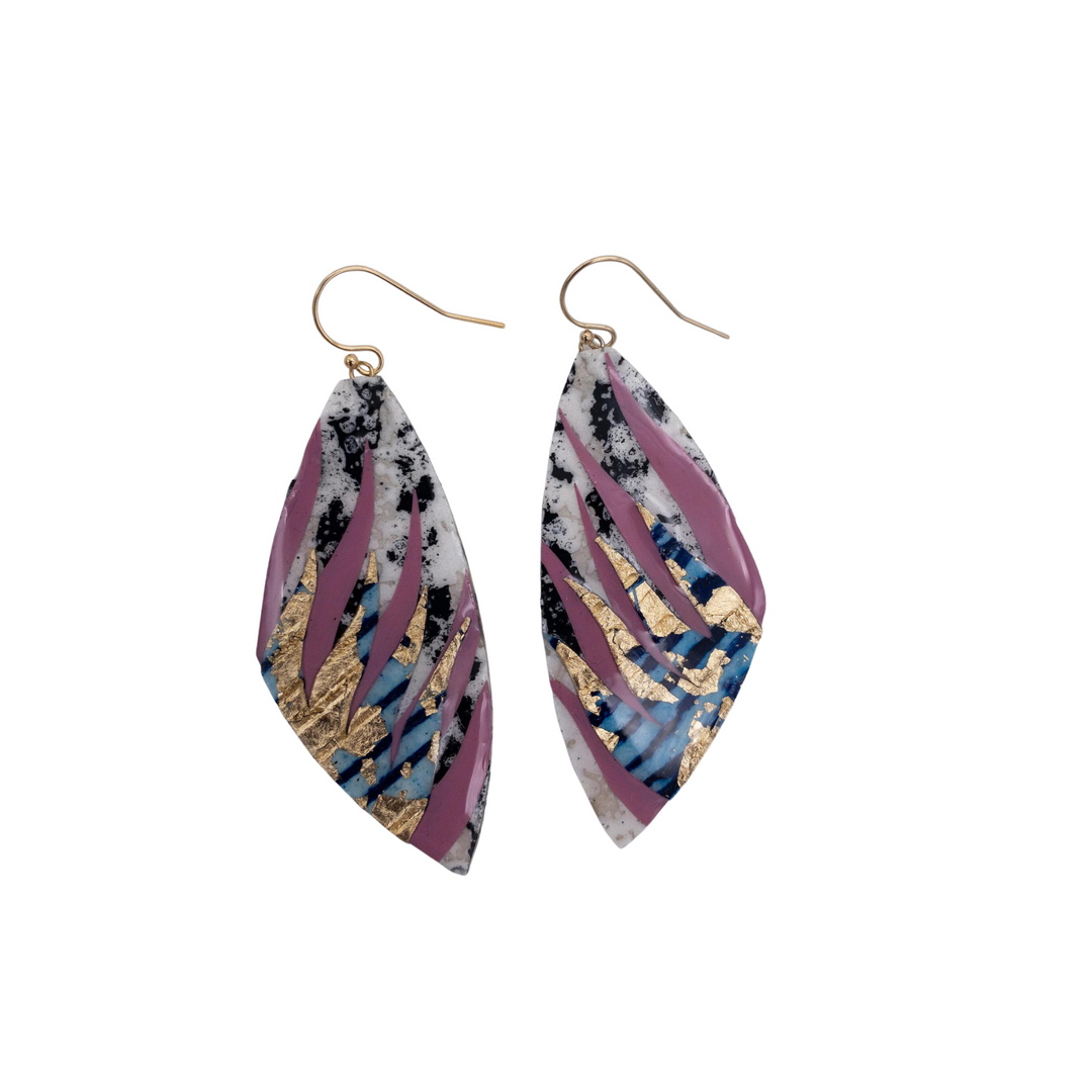 Peitil Batik Textile Earrings in Charcoal/Deep Rose/Lapis Gold
