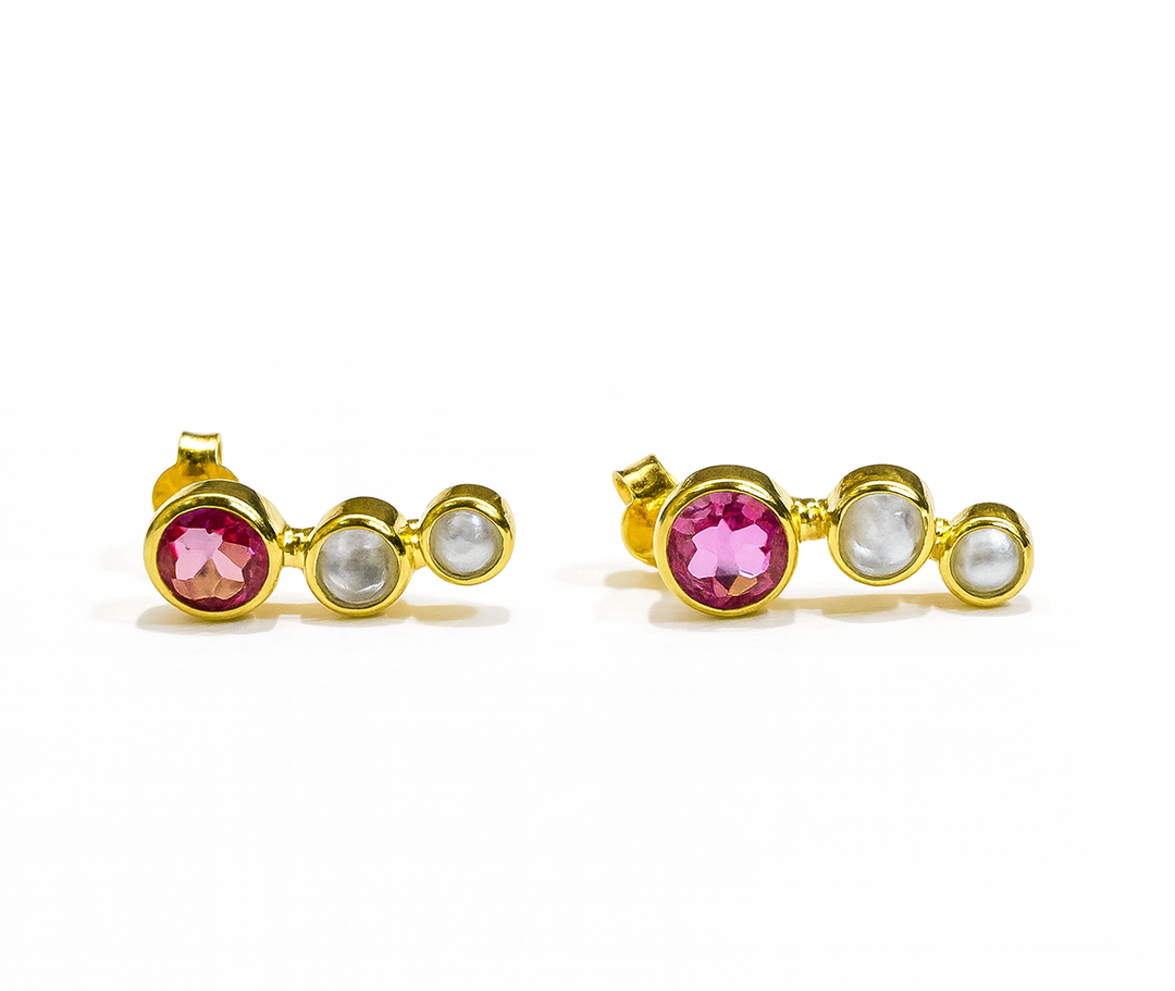 Watermelon Tropical’s Pink & Rose Quartz & Pearl Drops: gold-plated sterling silver studs with a large round pink quartz and two small round pearl accents on each earring, shown against a white background.
