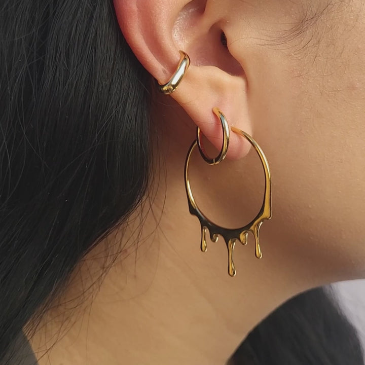 Gold Dripping Circular M Hoop Earrings