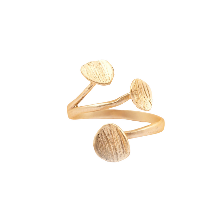 A **Rachel Ring** from **Watermelon tropical** featuring a unique open design with three irregularly shaped, textured discs placed at different points along the band. The band itself curves and twists, creating an elegant and modern aesthetic, making it an exquisite Egyptian inspired ring.