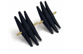 A pair of black spiked earrings with gold-toned metal shafts, shown on a plain white background.