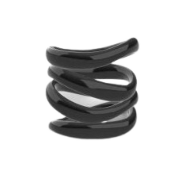 A smooth, black, spiral-shaped Ripple Ring by Elsiem with several loops intertwined around each other, resembling a twisted helix. The 3D printed ring has a glossy finish and an abstract, modern design. The background is plain white.