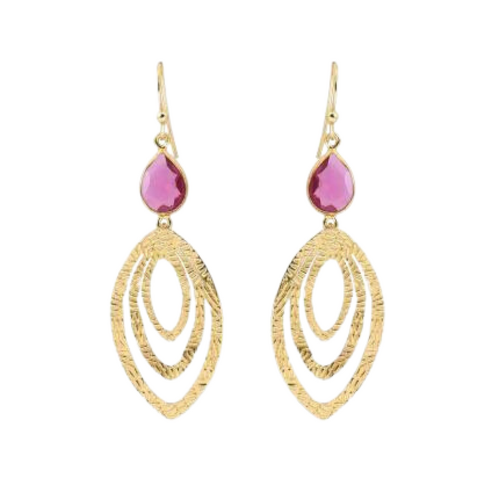 A pair of Watermelon Tropical Rose Earrings in Pink Tourmaline featuring multiple nested oval loops with a textured finish, each adorned with a teardrop-shaped Pink Tourmaline at the top.