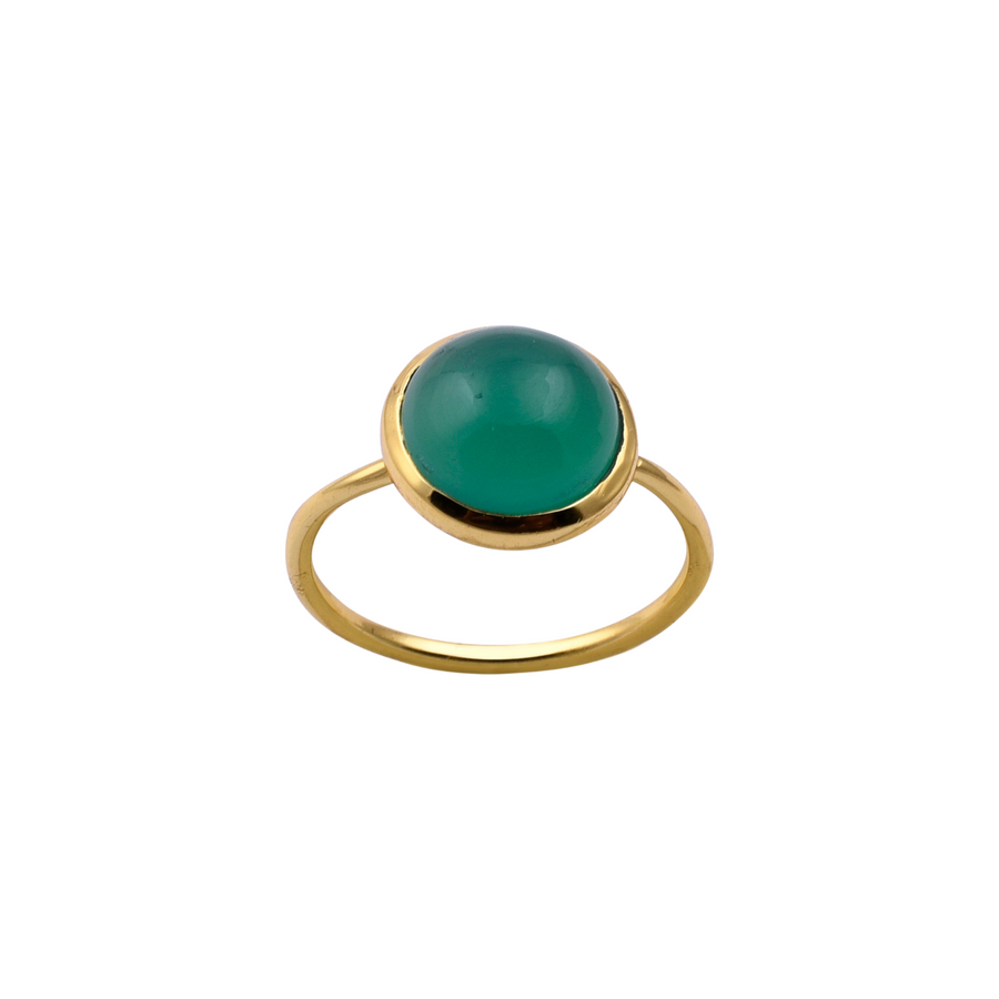 A Round Green Onyx Gold Ring by Watermelon tropical featuring a prominent, round Green Onyx set in a simple band. The gemstone has a smooth, polished surface, making it the centerpiece of the elegant and minimalist design. This piece of handmade jewellery stands out beautifully against the plain white background.