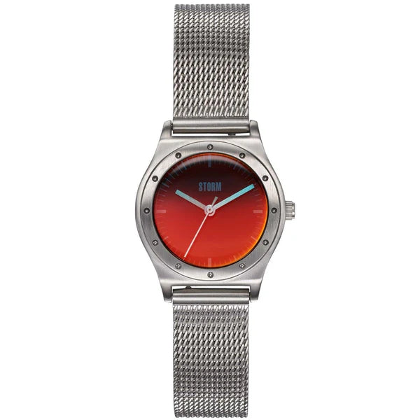 A silver mesh band wristwatch with a metallic gray case from Storm Watches. The round dial features a Lazer Red to orange gradient face with "STORM" at the top. The watch includes three silver hands and dot hour markers, crafted using sustainable materials for an eco-friendly touch.