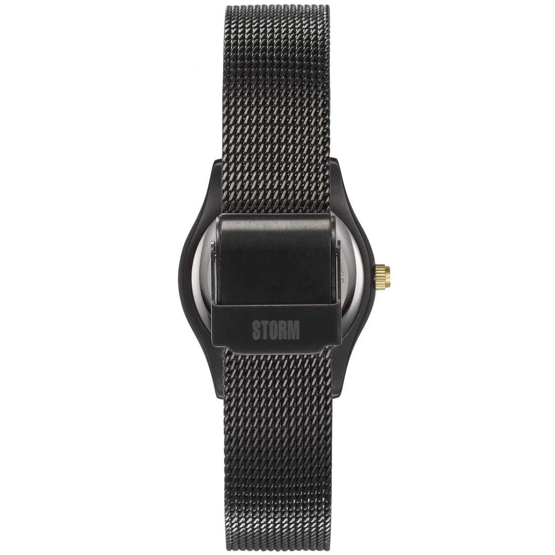 A sleek black wristwatch with a mesh band and a minimalist design, crafted from sustainable materials. The watch features a rectangular face, a small golden crown on the right side, and the brand name "Storm Watches" prominently displayed on the clasp. The overall design is modern and elegant. Introducing the Storm Sian Slate by Storm Watches.