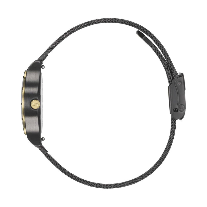 Side view of a wristwatch with a mesh strap and a simple clasp. The watch case is black with metallic accents, and a small crown on the side. This minimalist, sleek design from Storm Watches features lazer dials and incorporates sustainable materials, enhancing both style and eco-consciousness. This is the Storm Sian Slate model.