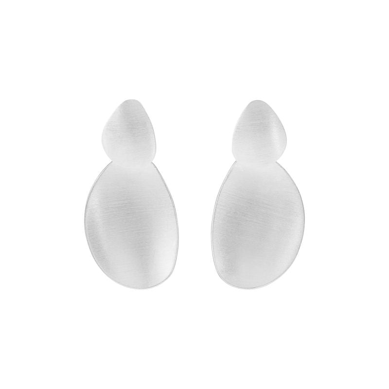 Tezer's Silver Freeform Earrings showcase a modern matte silver look with a teardrop above an oval, both featuring a brushed metal finish.