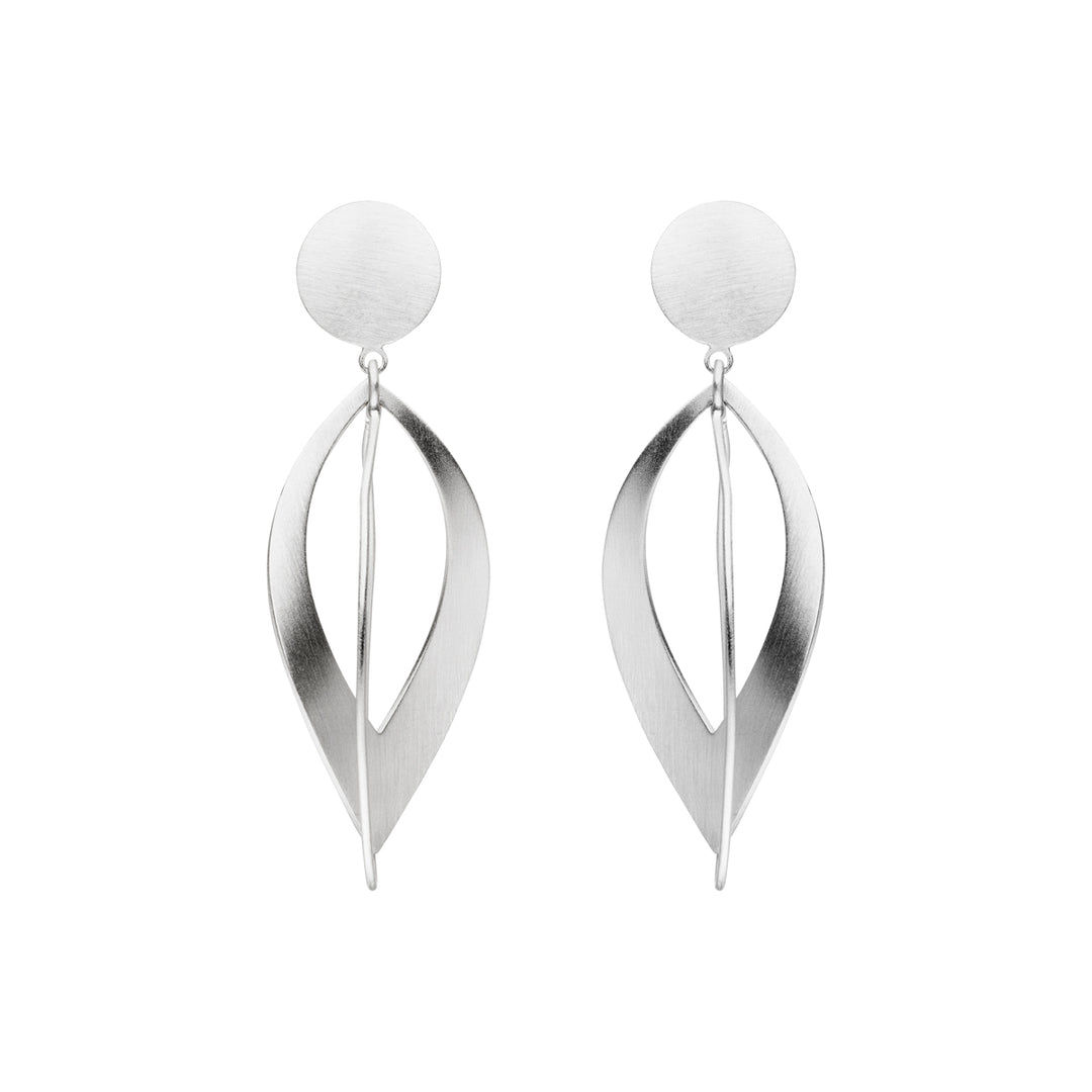 Circular stud piece with leaf shaped dangle. Each dangle has two components , a thin wire leaf and a hollow leaf shape. 