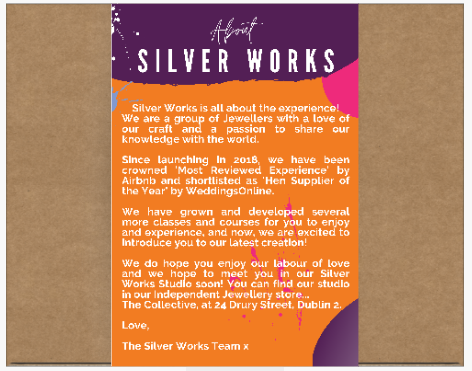 An informational flyer titled "About Silver Works" with text in orange over a white and pink background. It details a jewellery business, its accolades since 2018, and promotes silver jewellery-making classes, the Silver Works - Ring Carving Kit by Silver Works, and an independent jewellery store in Dublin.