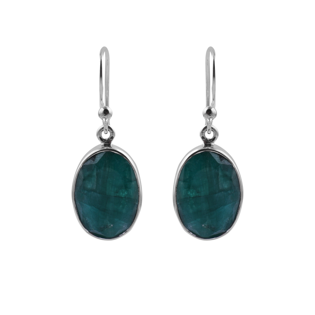 Simple Silver & Rough Emerald Oval  Earrings