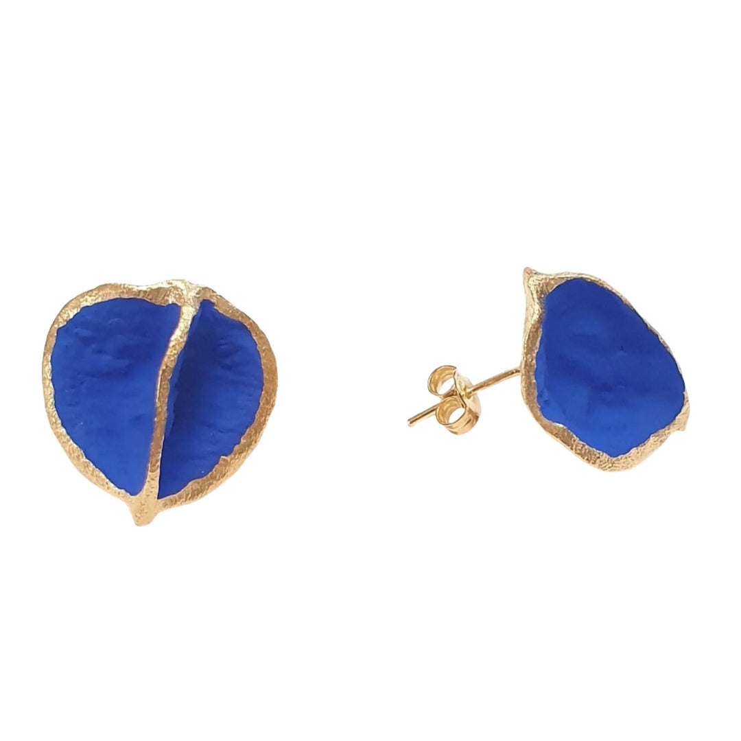 These earrings are designed in silver with cobalt blue or black matt pigment, gold plated finishing and stud back .