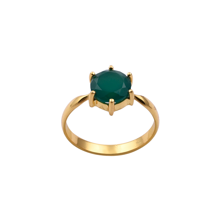 A Watermelon Tropical Solo Green Onyx Gold Ring featuring a single, round, green onyx gemstone held in a six-prong setting. The band is smooth and simple, accentuating the vibrant green gem at its center. This exquisite piece of jewellery makes a timeless statement.