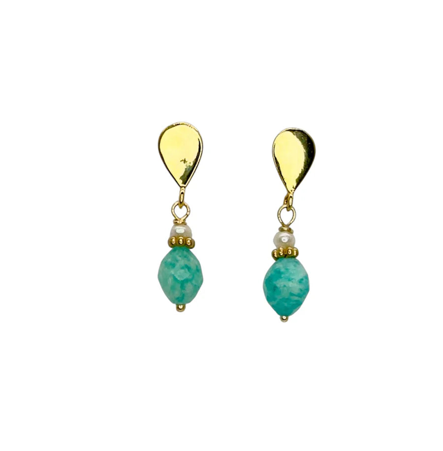 The Stanley Earrings by Aria V feature gold-plated teardrop studs, small gold beads, tiny freshwater pearls, and faceted turquoise gemstones suspended at the bottom.