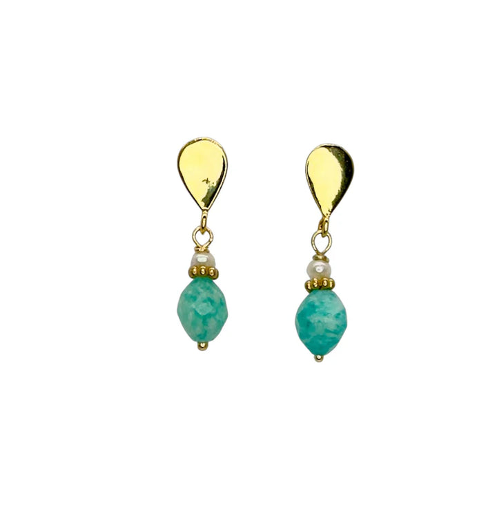 The Stanley Earrings by Aria V feature gold-plated teardrop studs, small gold beads, tiny freshwater pearls, and faceted turquoise gemstones suspended at the bottom.