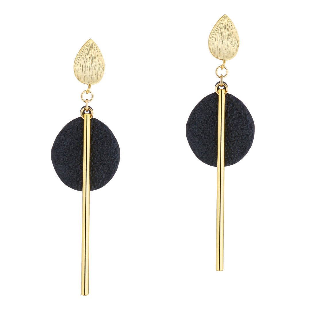 The Scribble & Stone Stem Disc Drop Earrings feature gold teardrop studs, black spinels in textured discs, and long vertical 14ct Gold-Fill bars for an elegant drop design.