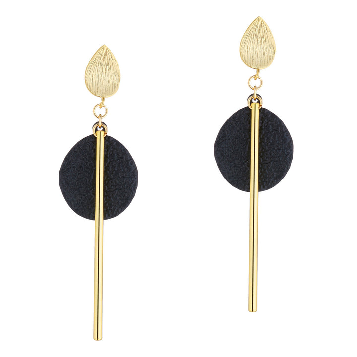 The Scribble & Stone Stem Disc Drop Earrings feature gold teardrop studs, black spinels in textured discs, and long vertical 14ct Gold-Fill bars for an elegant drop design.
