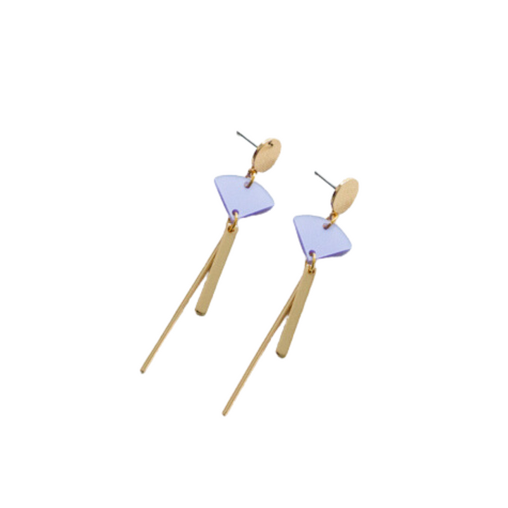 Gold and purple geometric drop Sun 08 Earrings by Studio Nok Nok featuring a gold-plated stud base, a triangular purple accent crafted from recycled acrylic, and elongated rectangular gold bars hanging down. The design is modern and minimalistic.