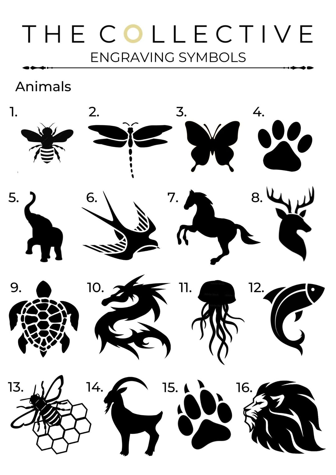 A chart titled "The Collective Engraving Symbols" features 16 black silhouette animal symbols perfect for a personalised Animals Symbol Pendant by The Collective Dublin. They include a bee, dragonfly, butterfly, paw print, swallow, horse, deer, turtle, dragon, jellyfish, fish, bee on hexagons, wolf, another paw print and lion head.