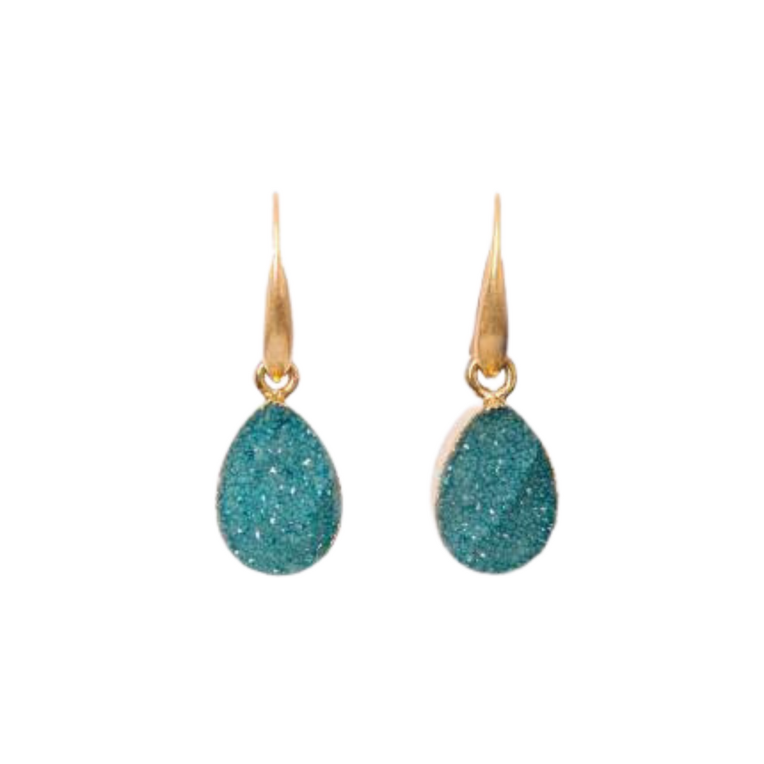 Teal Blue Druzy Set in Gold Drop Earrings