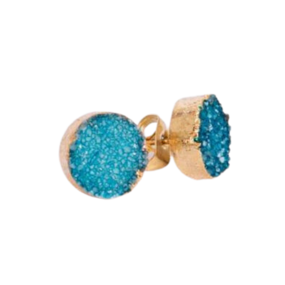 Teal Blue Druzy Set In Gold Stud Earrings