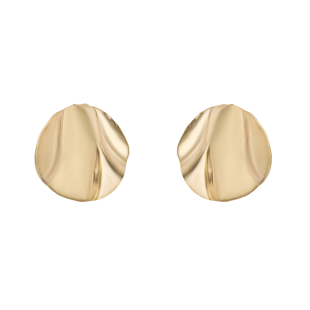 The Tide Studs by Madeleine Sculptural Jewellery are round, gold-toned earrings with a wavy, textured surface shown against a white background.