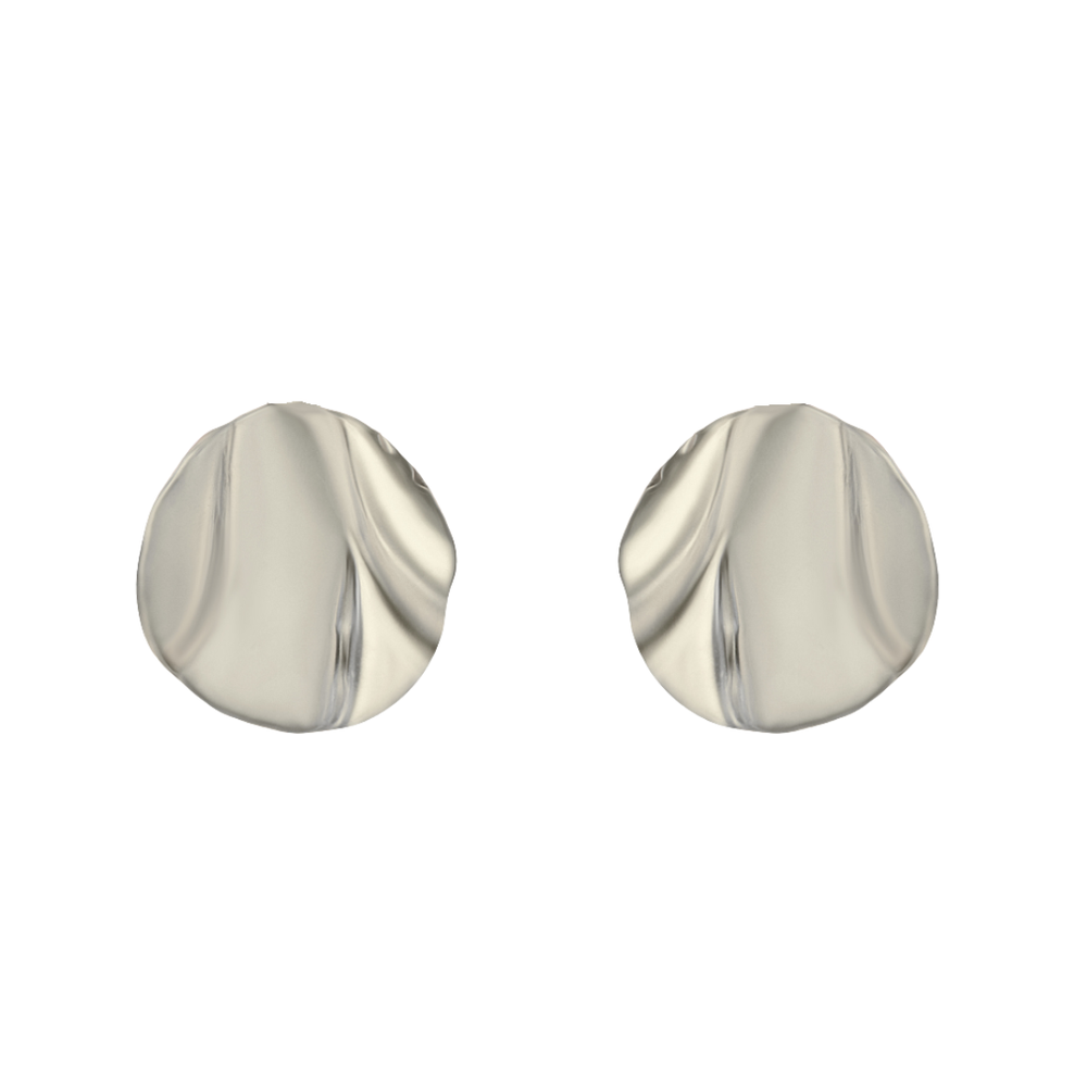 The Tide Studs Large by Madeleine Sculptural Jewellery are round, silver-toned stud earrings with a wavy, textured surface—crafted as part of our sustainable jewellery collection.