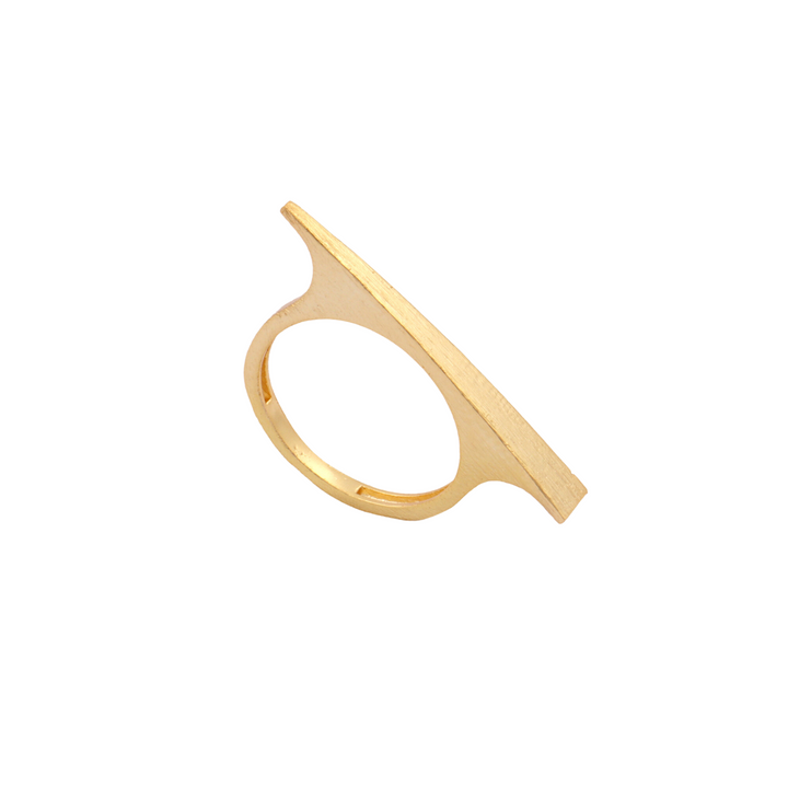 The Trixie Gold Ring by Watermelon Tropical is a minimalist, modern gold bar ring featuring a thin circular band and a sleek horizontal bar that extends slightly beyond the band on both sides. The polished finish imparts a shiny and elegant appearance.