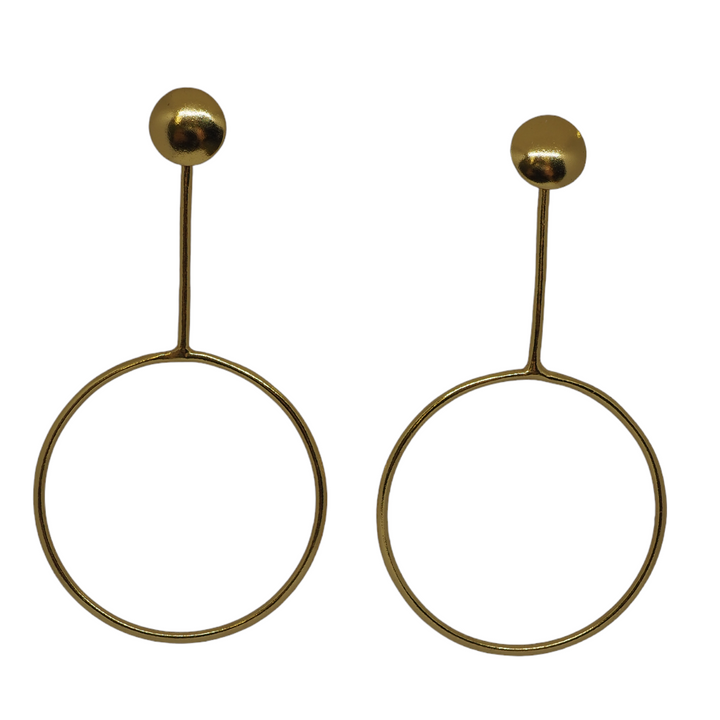 A pair of minimalist gold plate earrings featuring a small round stud at the top with a thin vertical bar connecting to a large, open circular hoop below. These Lulu Gold Hoop Earrings by Watermelon Tropical are simple and elegant, suitable for various occasions, reminiscent of the chic Sixties club scene.