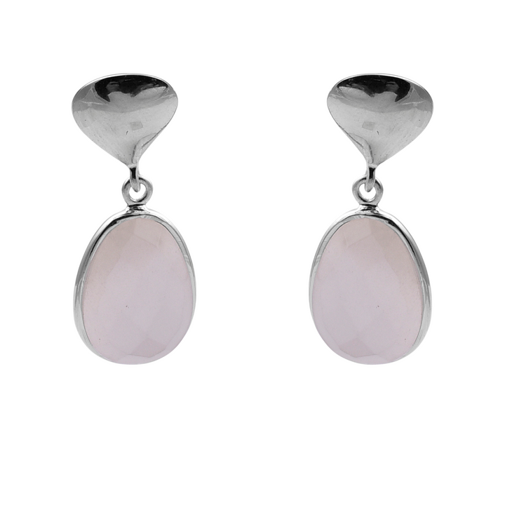 A pair of elegant earrings featuring teardrop-shaped light pink gemstones set in sterling silver. The handmade jewellery boasts a shiny, rounded silver top part connected to the gemstones, creating a sophisticated and stylish look. This exquisite piece is known as **White Moonstone Silver Drops** by **Watermelon Tropical**.