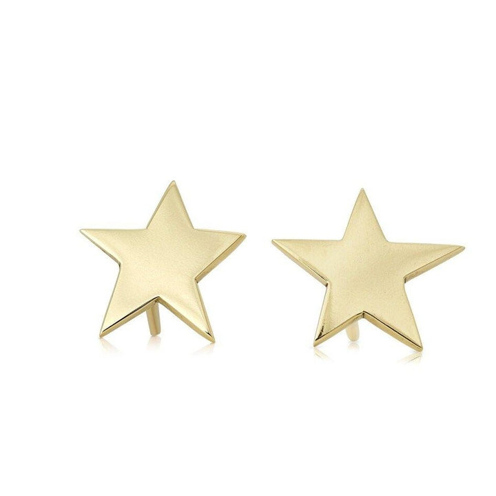 A pair of Delicate 9ct Gold Star Stud Earrings by Cosmic Boulevard (available in Yellow or Rose Gold), featuring a simple, minimalist design. These earrings have a smooth, reflective surface that catches the light, and their identical shapes give them a symmetric and elegant appearance.