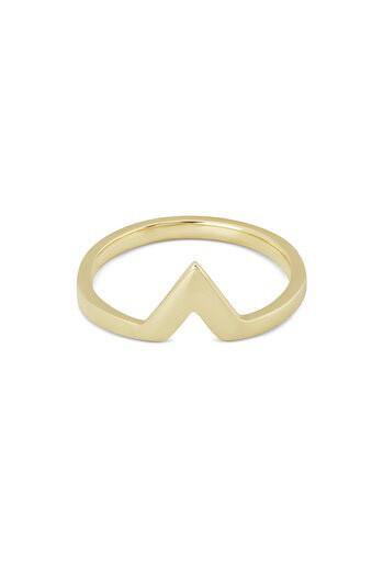 A simple gold ring with a minimalist design, featuring a smooth band that is shaped into an upward-pointing chevron at the front. This Illuminati Stacking Ring 9ct Gold by Cosmic Boulevard, reminiscent of triangle rings, is displayed on a white background, showcasing its sleek and modern style.