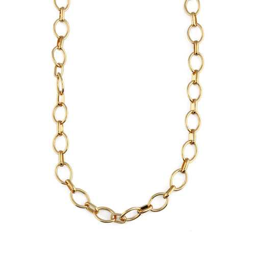 The Clean Oval Link Necklace - Gold by Orelia London features uniform links arranged in a continuous loop, 18k gold plated for a polished, shiny finish. Simple and elegant, this gold chain necklace is suitable for various occasions or as a statement piece. The background is white.