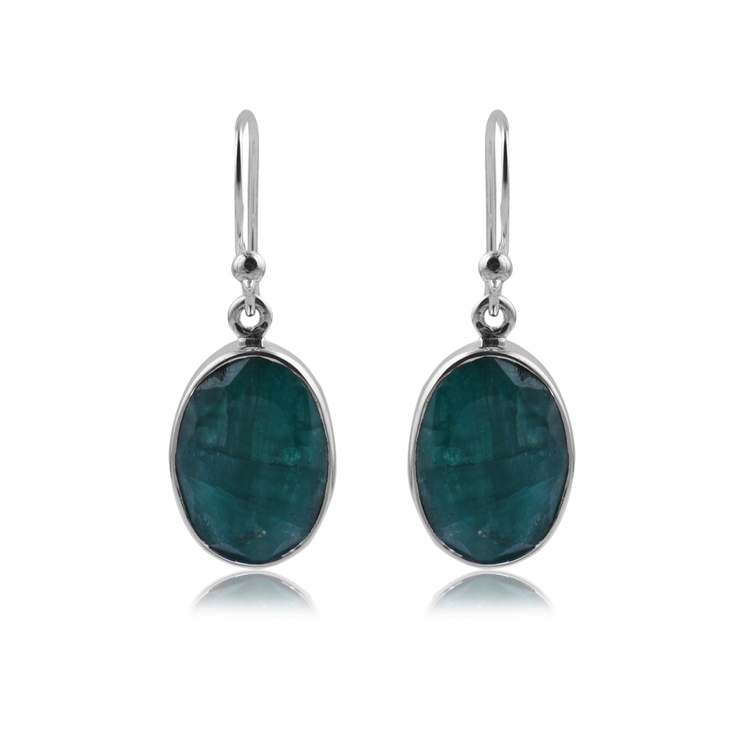 Simple Silver & Rough Emerald Oval  Earrings