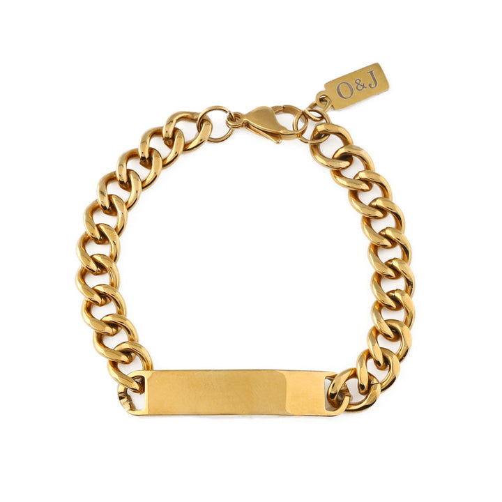 A Chunky Chain ID Bar Bracelet - Orelia & Joe featuring a sturdy link design with a flat, rectangular plate at the center. The bracelet includes a small rectangular tag near the clasp with "O&J" engraved on it.