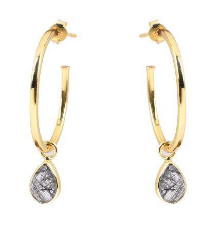 A pair of Black Routile Open Hoop Earrings featuring teardrop pendants with black, marbled patterns reminiscent of Black Routile stone. These brass & thick gold plate earrings by Watermelon Tropical have a polished finish and are displayed against a white background.