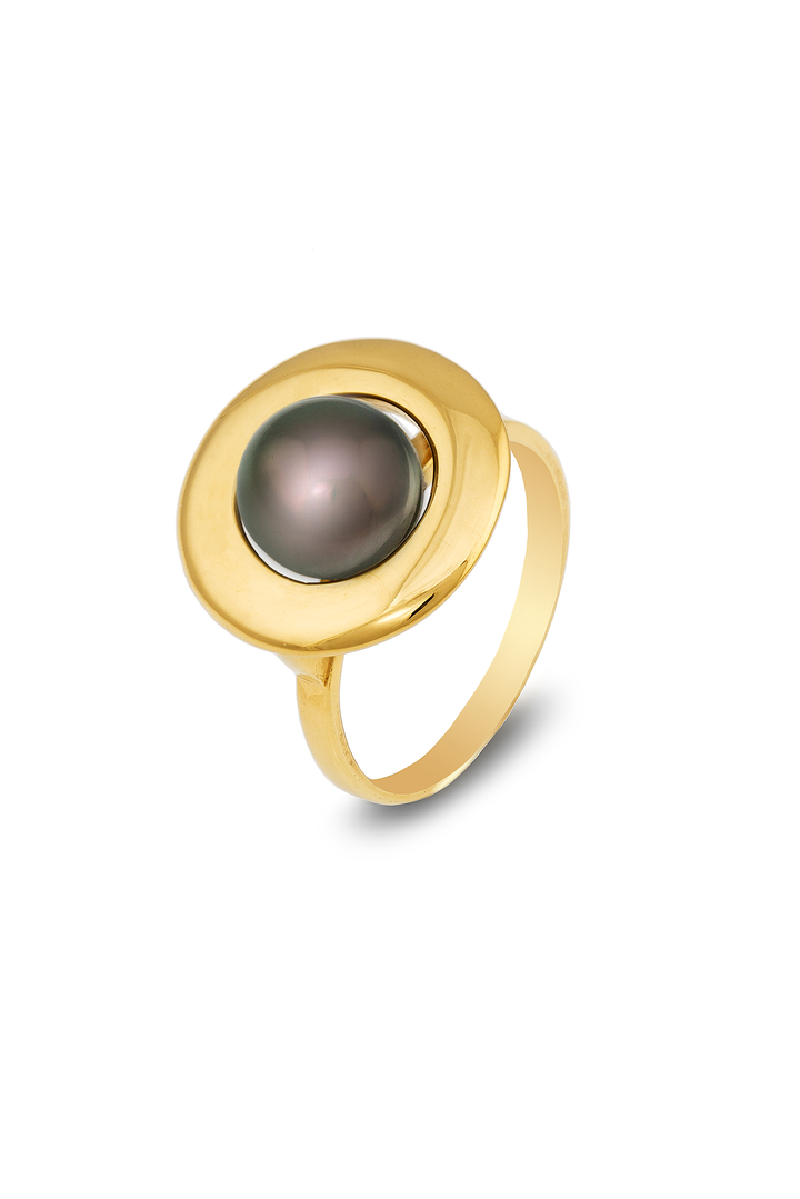 Introducing the **Home Planet 9ct Gold Tahitian Pearl Ring** by **Cosmic Boulevard**: A gold ring with a large, round Tahitian Pearl set at its center. The pearl is encircled by a wide, flat yellow gold band, creating a stylish and elegant design. The ring is shown against a white background.