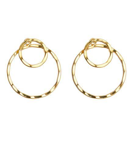 Introducing Watermelon Tropical's Double Circle Earrings in gold: These elegant earrings showcase a sophisticated twisted design at the top. Each earring boasts a small closed hoop seamlessly connected to a larger textured circular hoop, achieving a stunning layered and intricate appearance. The concentric circle jewelry is beautifully displayed against a plain white background.