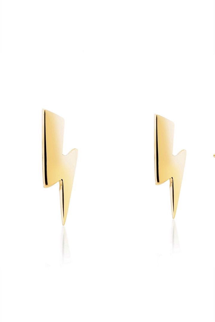 A pair of Small Bowie Bolt Earrings 9ct Gold by Cosmic Boulevard, displayed against a white background. The earrings are sleek and minimalist, with a shiny finish. These handmade jewellery pieces add a touch of elegance to any look.